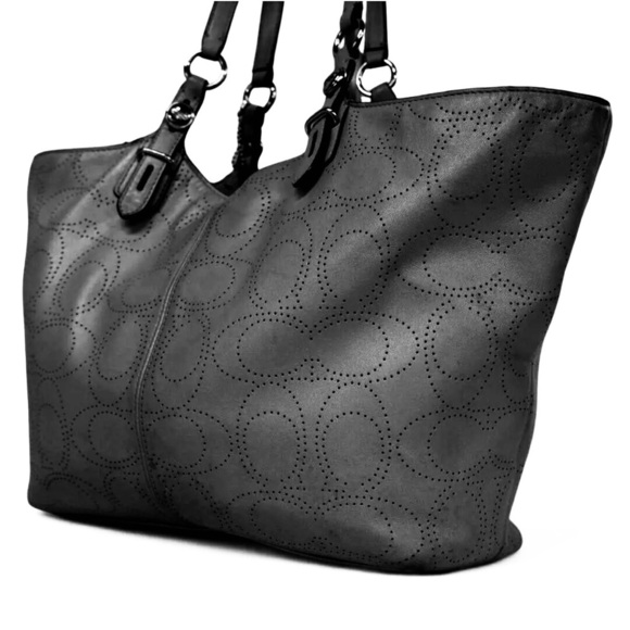 COACH Carly Leather Signature Perforated Exterior
Tote Bag Handbag, black - Picture 1 of 11